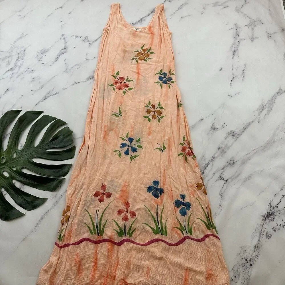 AT Moda Estate Womens Vintage 90s Slip Maxi Dress Size M Peach Orange Floral - Picture 1 of 10